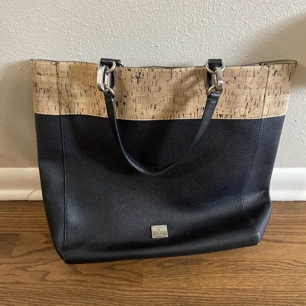 Lauren Ralph Lauren Tote Bag Cork Trim Black Faux Leather Shoulder Bag Purse